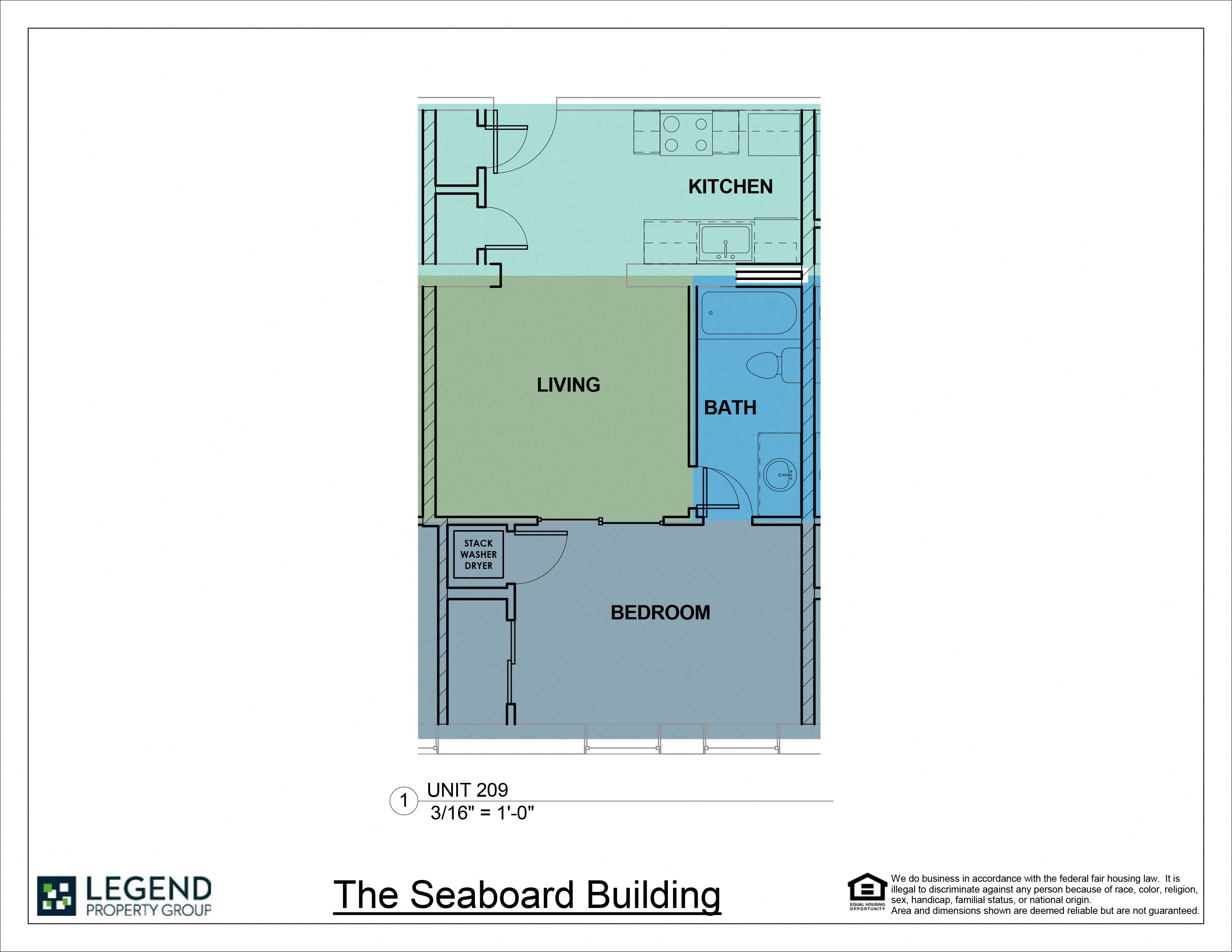 Floor plan for 1 bed, 1 bath, 557 sqft